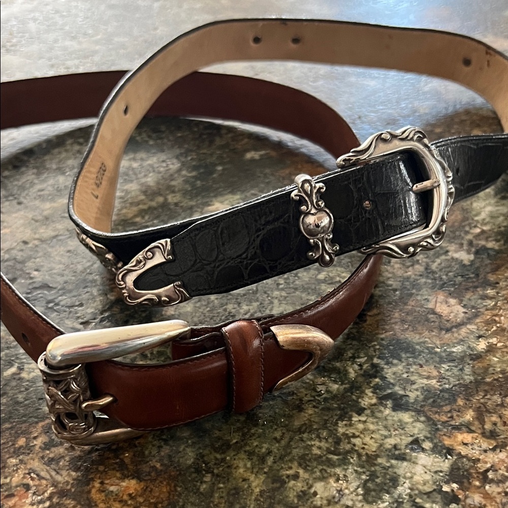 Brighton Black and Brown Leather Belts with Silver Tone Buckles x2